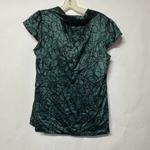 Banana Republic Teal‎ Black Abstract Print Satin Cowl Neck Cap Sleeve Top L Y2K